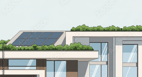Modern eco house green roof solar panels large windows contemporary design vector illustration