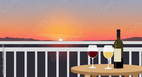 Romantic sunset balcony wine bottle two glasses red white sea view vector illustration