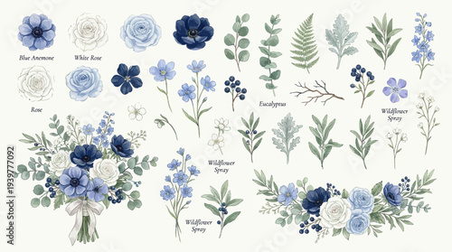 Blue and White Floral Wedding Bouquet Vector Collection – Elegant Botanical Flower Elements