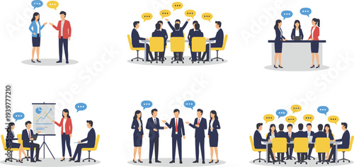 Flat vector illustration set of business professionals having meetings, presentations, and team discussions with speech bubbles in an office.