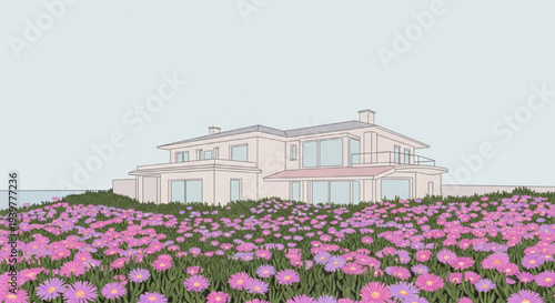 Contemporary villa extensive pink purple flower field front view vector illustration