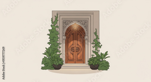 Ornate arched wooden door potted plants lanterns elegant entrance vector illustration
