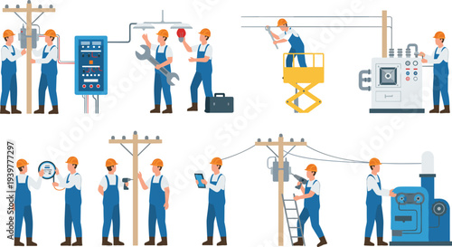 Flat vector illustration set of electrical technicians and power utility workers repairing power lines and maintaining electrical infrastructure systems.
