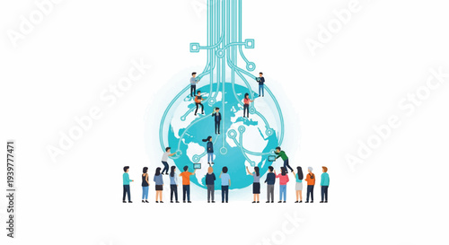 Global network connection with diverse people interacting on a stylized earth, representing technology and community.