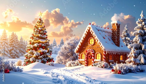 A charming, snow-covered holiday scene with a decorated tree, gingerbread house, and a pathway under a radiant sky