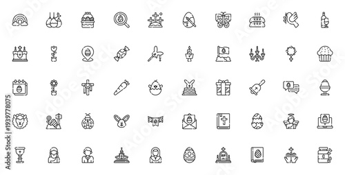 Easter icon set. Vector illustrations for Easter day with bunny, eggs, cross, church, candy, basket and more. Minimalist holiday symbol collection.