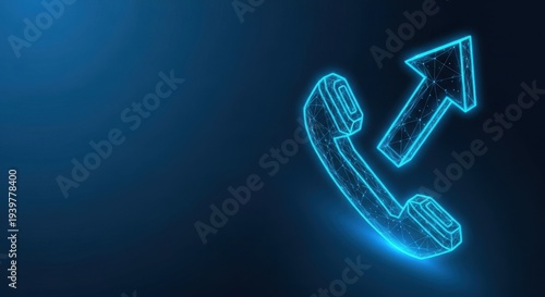 Abstract glowing telephone icon with futuristic wireframe design on dark blue background representing communication technology and support services