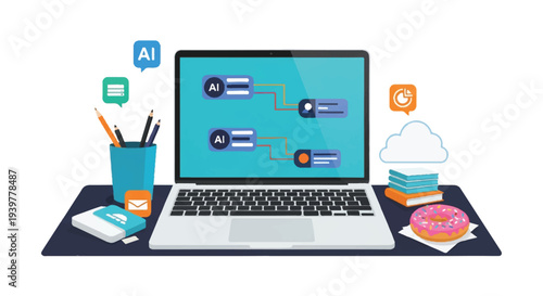 Laptop displaying AI flowchart with office supplies, donut, and cloud computing icons on desk