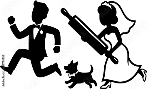 Black and white vector silhouette of a groom running away from a bride who is chasing him with a large rolling pin, accompanied by a small dog.