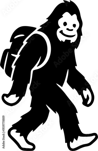 Cute giant silhouette character with a backpack walking, friendly mythological creature cartoon vector illustration