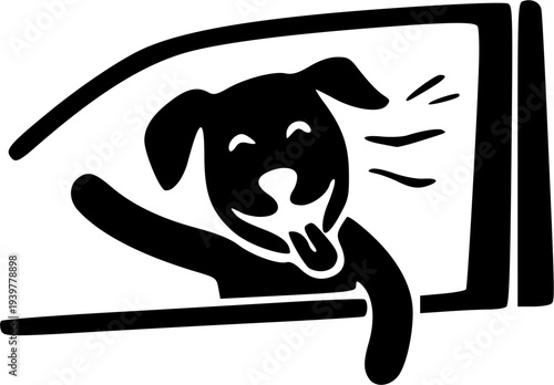 Joyful, smiling dog head leaning out of a isolated car window frame, minimalist cartoon silhouette with tongue out and wind effect, expressive vector illustration for auto travel humor