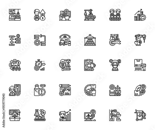 Industrial Process icon set. Vector icons for manufacturing, automation, assembly line, logistics, quality control, productivity, and more. Editable stroke.