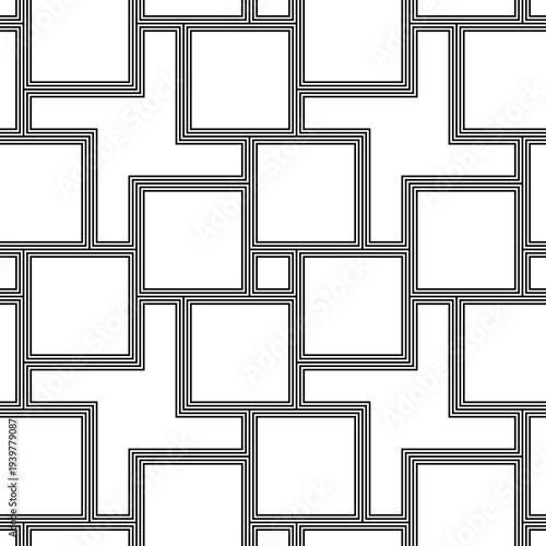 Blocks wallpaper. Repeated white figures abstract on black background. Seamless surface pattern design with polygons. Mosaic motif. Digital paper for page fills, web designing. Dog tooth vector.