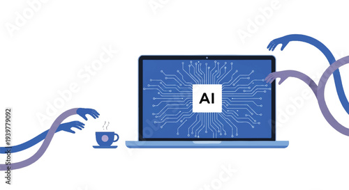 Artificial intelligence AI on laptop screen with abstract flowing lines reaching for coffee cup