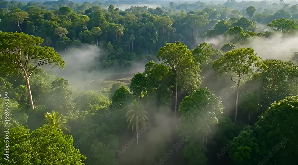 Aerial View of Dense Green Rainforest Canopy with Misty Conditions and ...