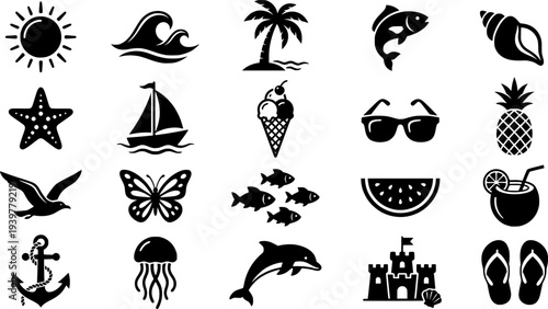 A whimsical collection of hand drawn summer icons representing beach life vacation and holiday themes
