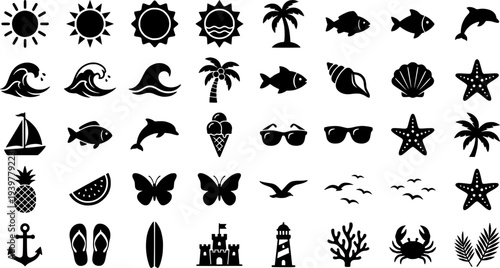 A whimsical collection of hand drawn summer icons representing beach life vacation and holiday themes

