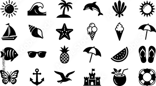 A whimsical collection of hand drawn summer icons representing beach life vacation and holiday themes
