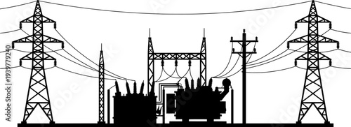 Electricity infrastructure illustration featuring power lines transformer and transmission towers in black and white

