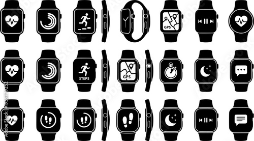 Modern smartwatch icons depicting fitness tracking and time measurement in vector format
