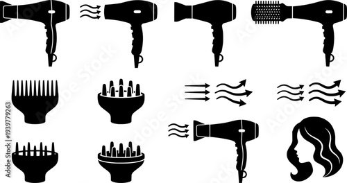 Black and White Hair Dryer Icons Set Styling Tools
