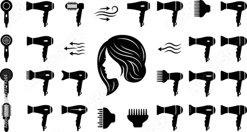 Black and White Hair Dryer Icons Set Styling Tools
