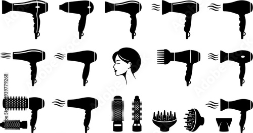 Black and White Hair Dryer Icons Set Styling Tools
