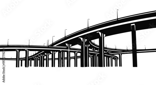 Vector illustration of black and white silhouette illustration of a highway overpass interchange on a transparent background