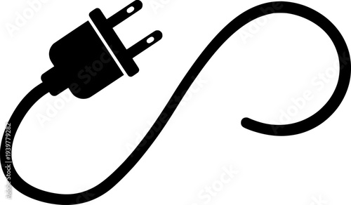 Black and white illustration of a power plug and electrical cord isolated on white background
