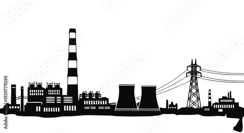 Vector illustration of industrial factory silhouette with power plant and transmission tower on a transparent background