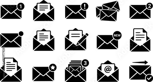 A collection of stylish black and white envelope icons featuring notifications and email communication symbols
