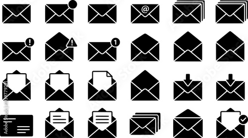 A collection of stylish black and white envelope icons featuring notifications and email communication symbols

