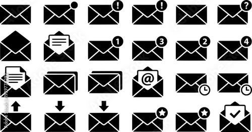 A collection of stylish black and white envelope icons featuring notifications and email communication symbols
