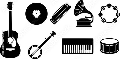 Musical instruments in vintage line art illustration showcasing acoustic guitar banjo gramophone record and other music essentials
