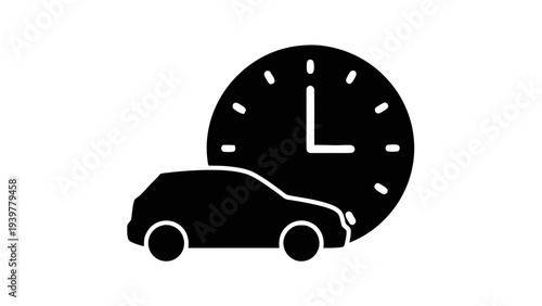 Vector illustration of car with clock icon representing travel time on a transparent background
