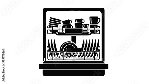 Vector illustration of dishwasher with dishes icon on a transparent background
