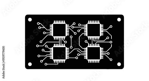 Vector illustration of circuit board with four microchips processor silhouette icon on a transparent background