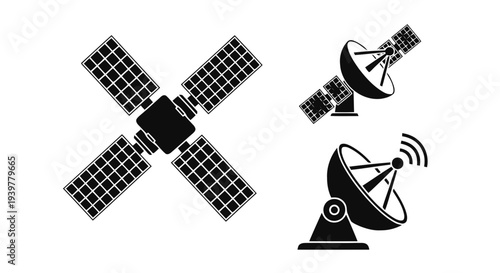 Vector illustration of satellite communication icons on a transparent background