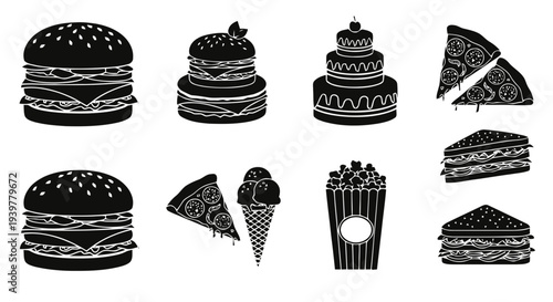 Vector illustration of set of fast food icons on a transparent background