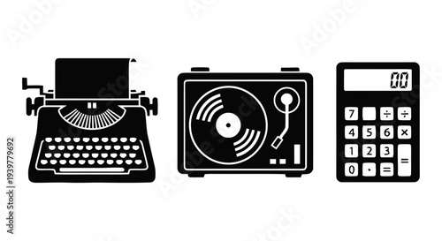 Vector illustration of vintage office and music equipment icon set, typewriter and calculator on a transparent background