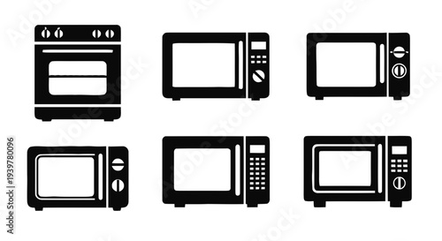 Vector illustration of set of microwave oven and stove icons for kitchen appliances on a transparent background