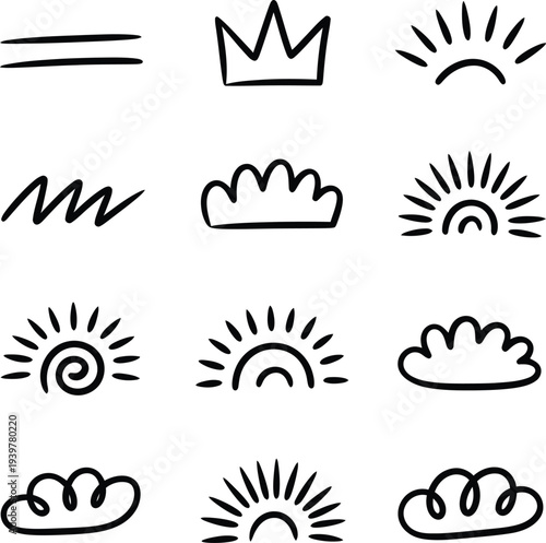 Set of hand drawn doodle elements including suns, clouds, crown and abstract lines