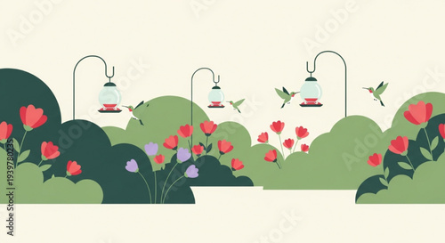 Garden hanging bird feeders colorful flowers hummingbirds lush greenery vector illustration
