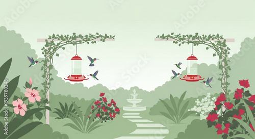 Romantic garden arch trellis bird feeders hummingbirds fountain vector illustration