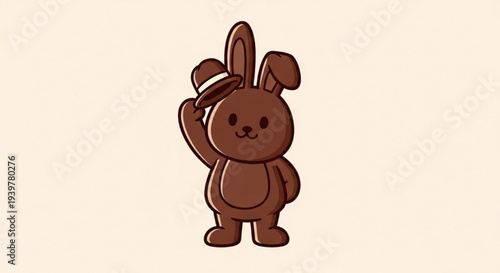 Adorable brown easter bunny waving both hands wearing hat cartoon illustration
