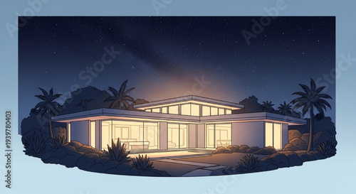 Modern luxury villa night lights palm trees warm glow vector illustration