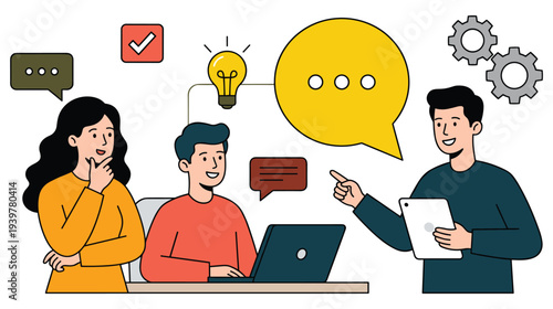 Business people collaborating with technology and creative icons set