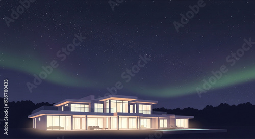 Stunning modern house aurora borealis night sky stars vector illustration