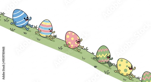 Colorful easter eggs funny faces rolling down green grass hill cartoon illustration