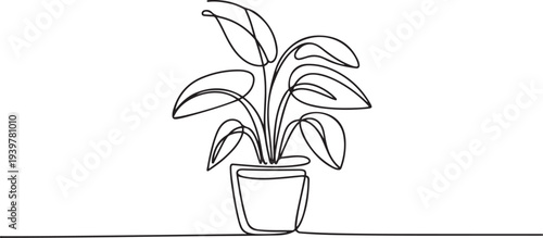 Potted house plant outline drawing illustration. one continuous line drawing of plant in the pot for house decoration. one line Icon drawing